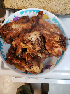 A picture of Kitchen cabinet chicken legs.