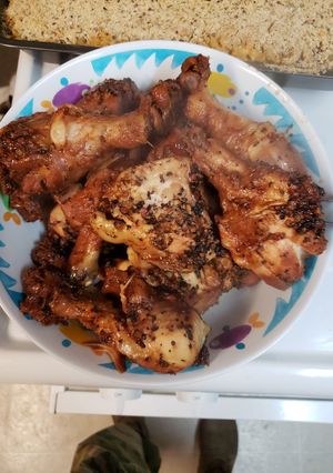 A picture of Kitchen cabinet chicken legs.