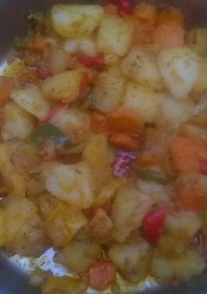 A picture of Potatoes salad with robot peppers.
