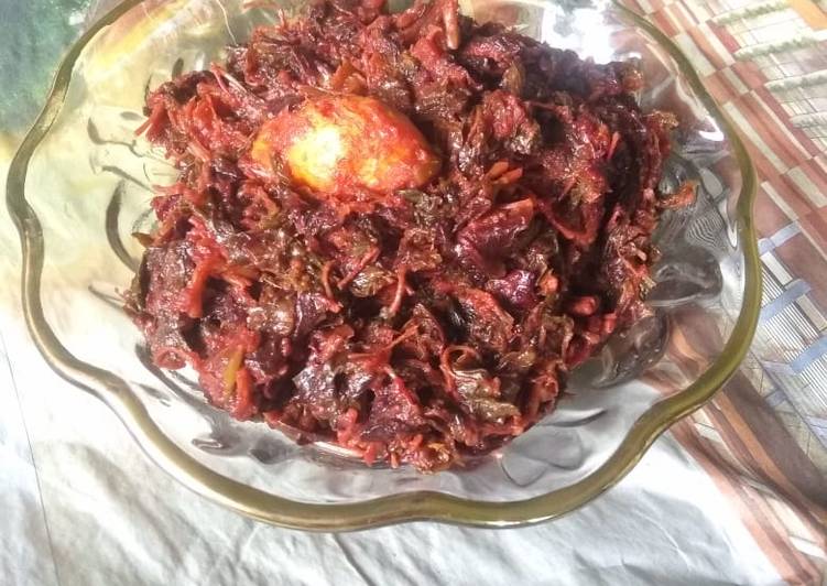Lal shak ar amda (red amaranth with hog plum or wild mango)