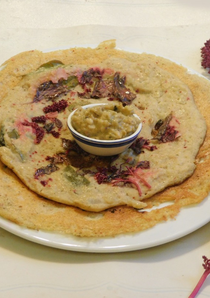 A picture of A Healthy Adai Dosai with Quinoa with red amaranth leaves.