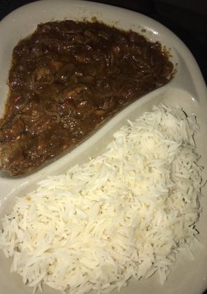 A picture of White Rice and Mongolian Beef.