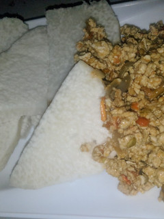 A picture of Boiled yam and scrambled egg.