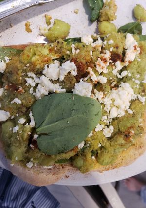 A picture of Smashed edamame on toast; Vegetarian and Gluten-free.