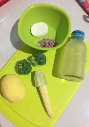 Foto resep MPASI 6m+ ; potato with beef, tofu, broccoli and corn