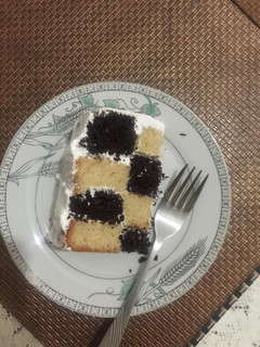 A picture of Vanilla chocolate mint checker board cake.