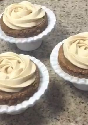 A picture of Espresso walnut cakes with salted caramel cream and chocolate crumble.