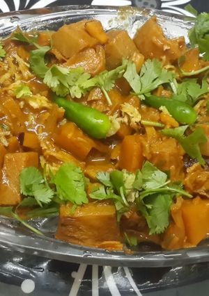 A picture of Raw Jackfruit no onion garlic veg curry (echorer niramish dalna).
