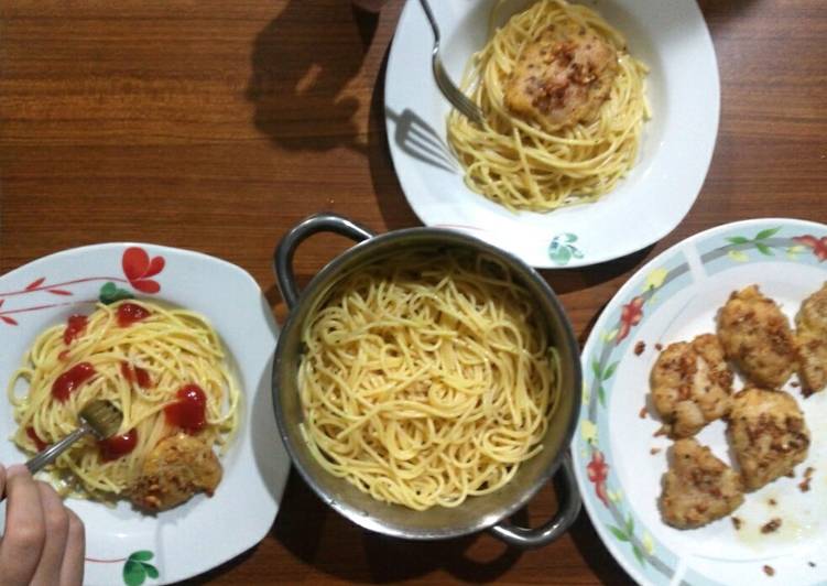 Egg Fried Dori w/ simple spaghetti