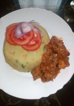 A picture of Mashed potatoes with beef.