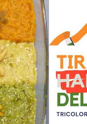 A picture of Tiranga Halwa Delight - Pumpkin, Ash Gourd & Bottle Gourd Dessert.