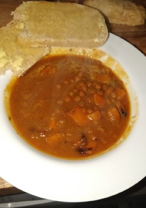 A picture of Hearty lentil and butternut squash soup.