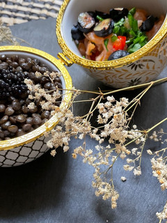 A picture of 🥙Beluga Lentil Salad with Smoked Trout Ceviche 🦈.