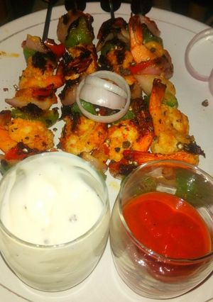 A picture of PRAWN TIKKA SIKH KABAB/ Delicious Grilled Prawns/PRAWN skewers.
