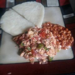 A picture of Boiled Yam Veggies Omellete and Baked Beans.