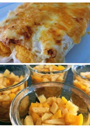 Una foto de Canelones de pavo y zanahoria en vaporera eléctrica + postre de manzana y melocotón