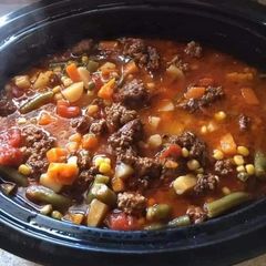 A picture of Hearty Crock Pot Cowboy Soup (hamburger soup).