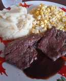 Beef Roast Steaks with Garlic Mashed Potatoes and Sweet Corn