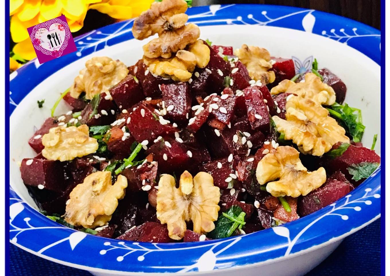 Mediterranean beet salad with dash of roasted walnuts