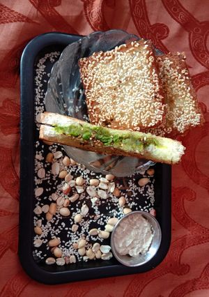 A picture of Crunchy Sesame Bread Packets With Peanut Chutney.