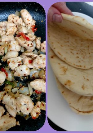A picture of My Salt n Chilli Peppered Chicken on a folded flatbread. 😋.