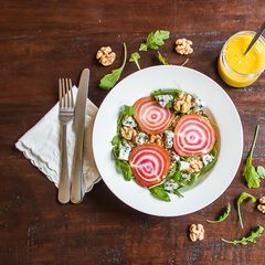 Chioggia beet salad with quinoa and blue cheese A picture of Chioggia beet salad with quinoa and blue cheese.