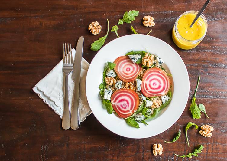 Chioggia beet salad with quinoa and blue cheese