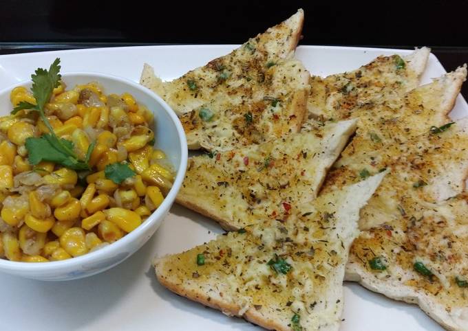 Steps to Make Any-night-of-the-week Garlic Bread Toast with corn chaat