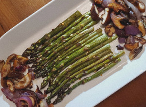 A picture of Oven-Roasted Asparagus & Shiitake Mushrooms.