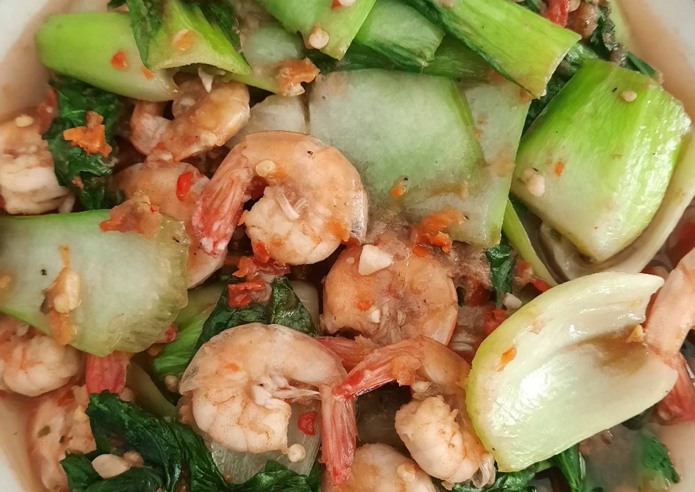 Tumis pakcoy udang pedas manis