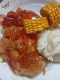 Verduras de estación con cerdo al vino y salsa de soja