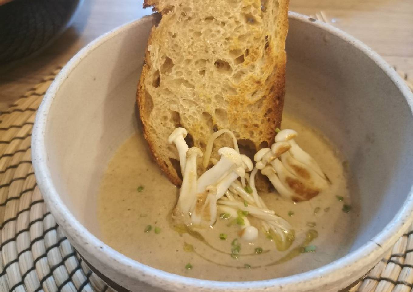 Creamy Mushroom soup, drizzle truffle oil, rustic croutons