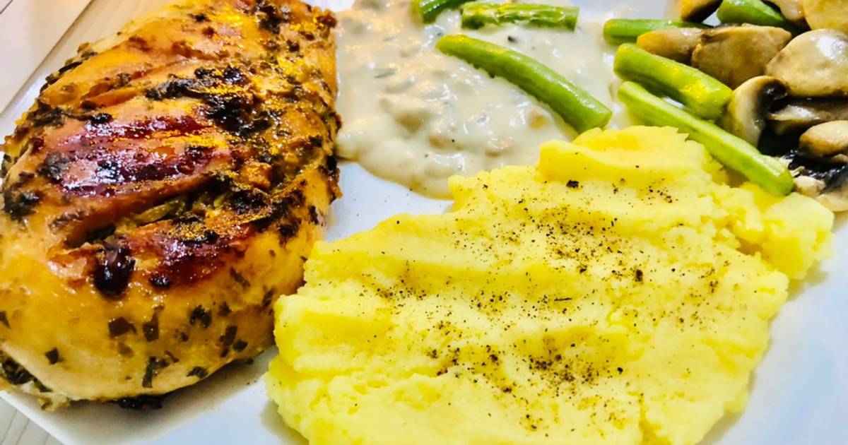 Chicken breast steak with sauce mashed potatoes and mushroom Recipe by Annies_book Cookpad