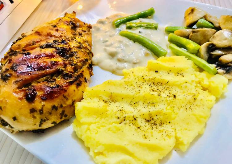Simple Way to Prepare Ultimate Chicken breast steak with sauce mashed potatoes and mushroom