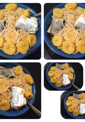 Una foto de BAGRE Banderillo con pasta y plátanos, comentado con ajo cúrcuma, jengibre y pimienta