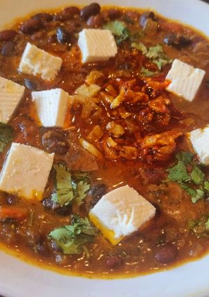 A picture of Tri-Colour Black,Pinto and Kidney Beans Masala with Feta Cheese.
