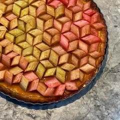 A picture of Geometric rhubarb tart with vanilla custard and shortbread crust.