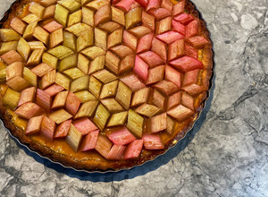 A picture of Geometric rhubarb tart with vanilla custard and shortbread crust.
