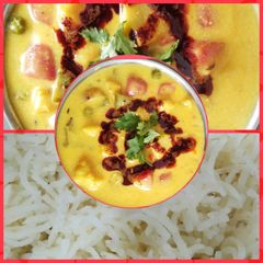Veg kadhi with rice A picture of Veg kadhi with rice.
