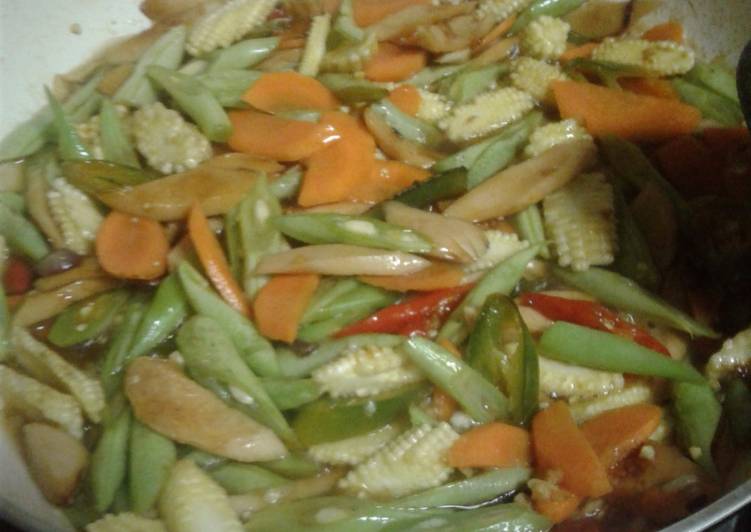 Tumis buncis wortel baby corn sosis