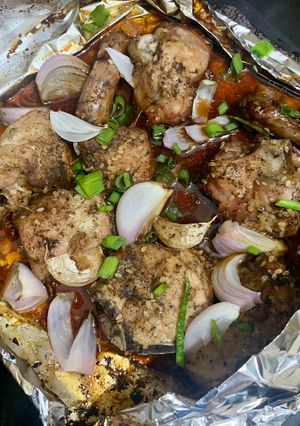 A picture of Foil packed chicken in Soya sauce.