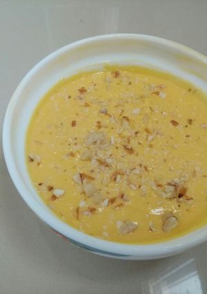 A picture of Amrakhand (mango flavoured sweetened curd).