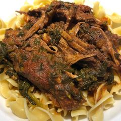 A picture of Crockpot London Broil with Spinach.