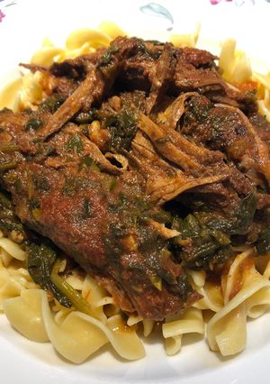 A picture of Crockpot London Broil with Spinach.