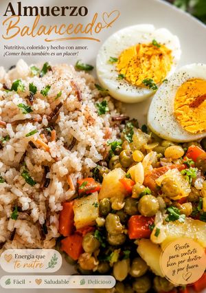 Una foto de Arroz de Fideo, Arvejas Guisadas y Huevo Cocido