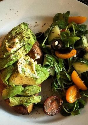 A picture of Sweet Potato with Avocado and Goats Cheese.