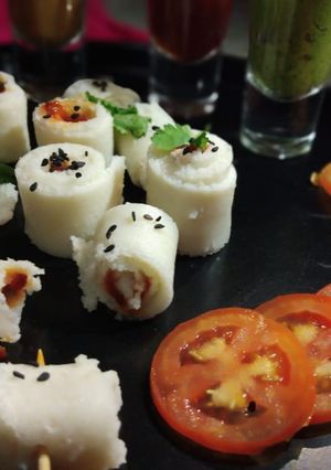 A picture of Dhokla sushi.