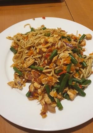 A picture of Salmon sweet noodle dish.