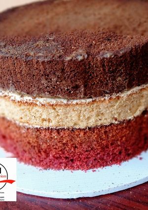 A picture of 3 flavors Cake (CHOCOLATE, VANILLA, RED VELVET CAKES).