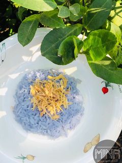 Hình của món Xôi hoa đậu biếc ăn với ruốc gà -ăn dặm.